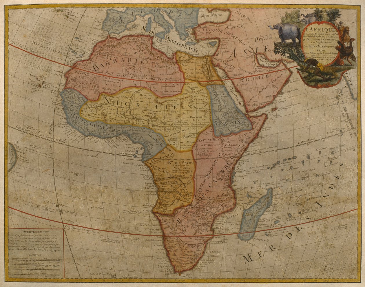 Afrika térképe, megjelent 1700-ban, Párizs (színes metszet) alkotó: Guillaume Delisle