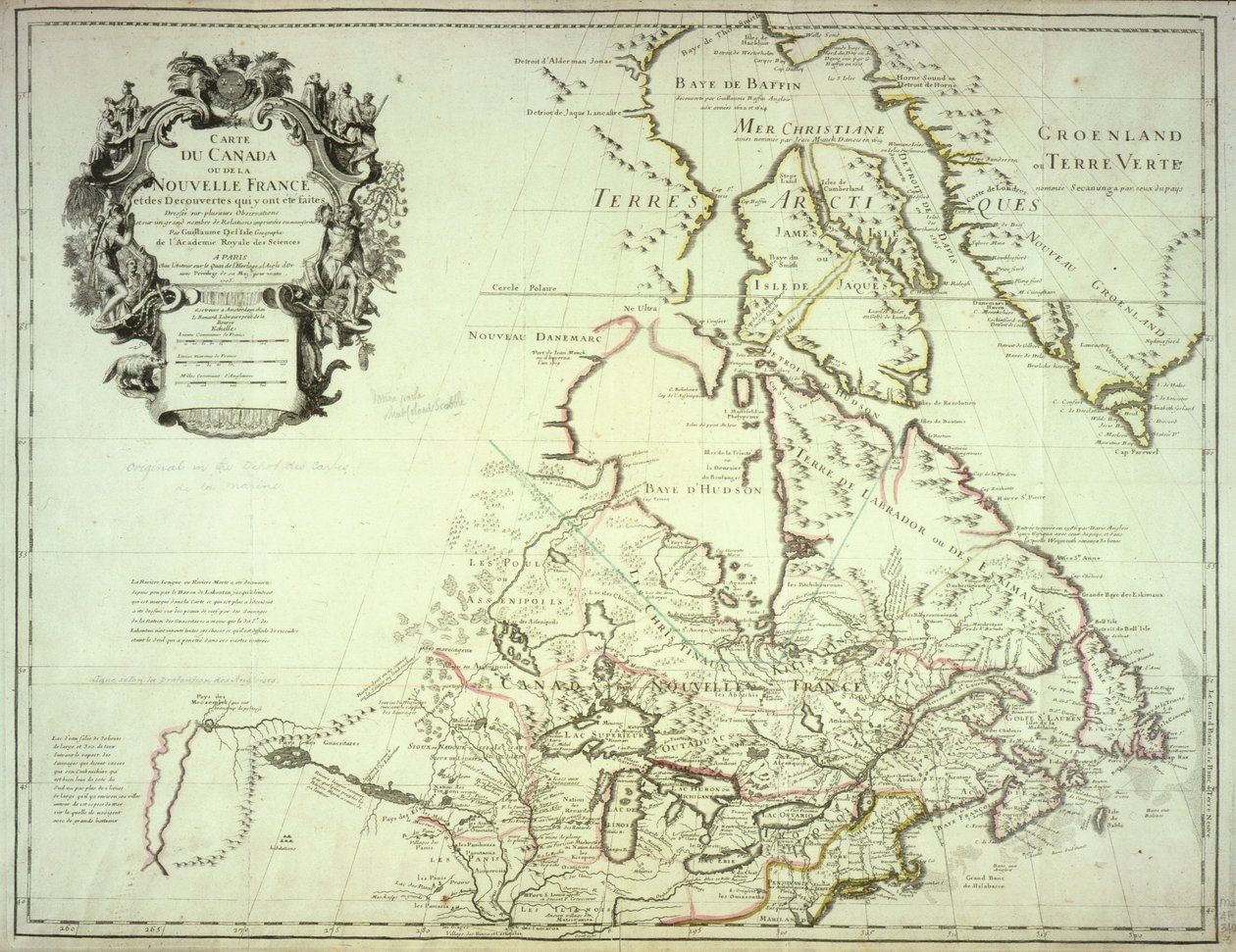 Kanada térképe, Párizs, 1703 (kézzel színezett metszet) alkotó: Guillaume Delisle