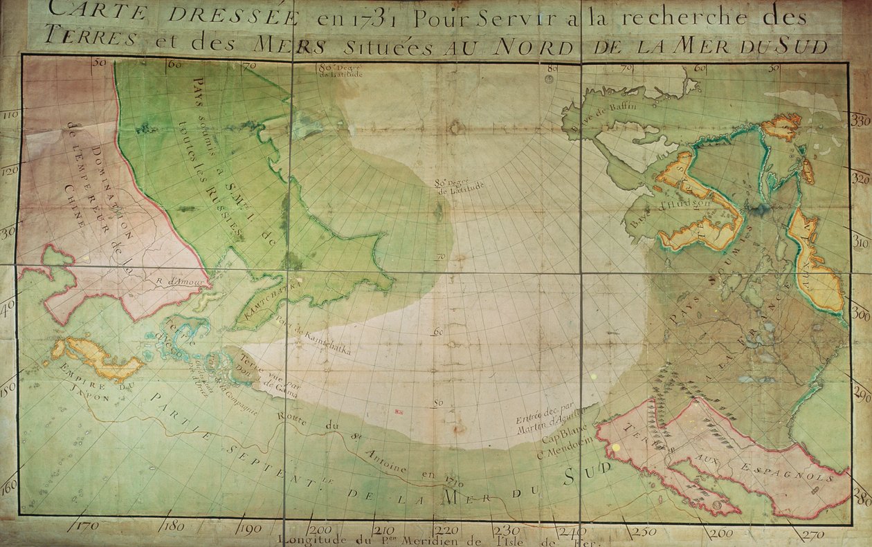 Új felfedezések térképe a Déli-tenger északi részén, Szibéria keleti részén és Új-Franciaország nyugati részén, 1731 alkotó: Guillaume Delisle