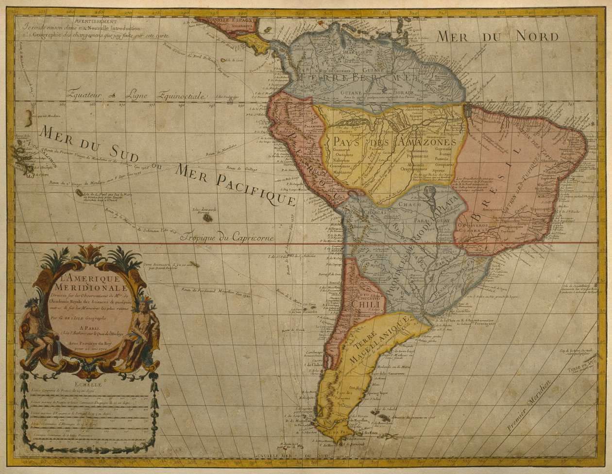 Dél-Amerika térképe, 1700-ban, Párizs (színes metszet) alkotó: Guillaume Delisle