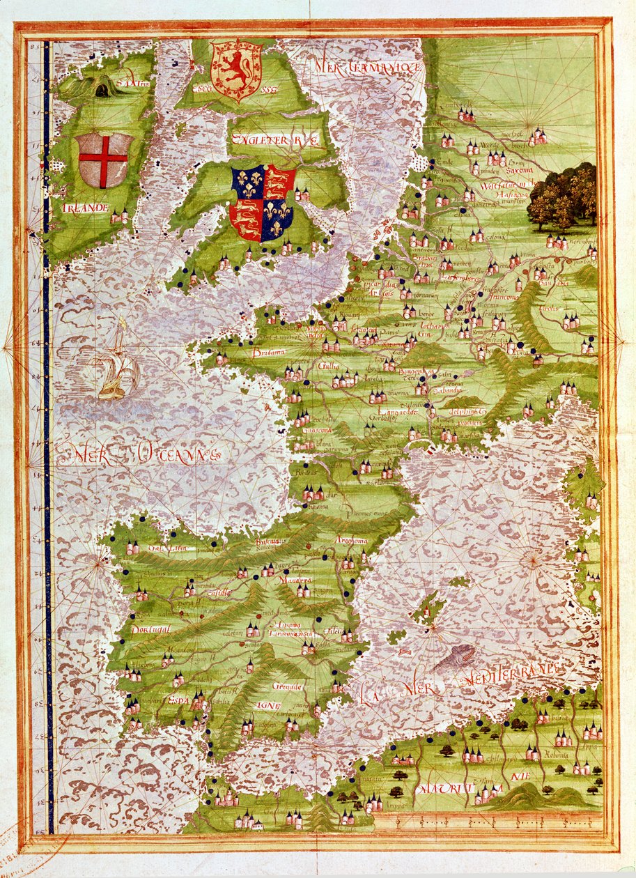 Fol.9v Nyugat-Európa térkép, a „Cosmographie Universelle”, 1555 alkotó: Guillaume Le Testu