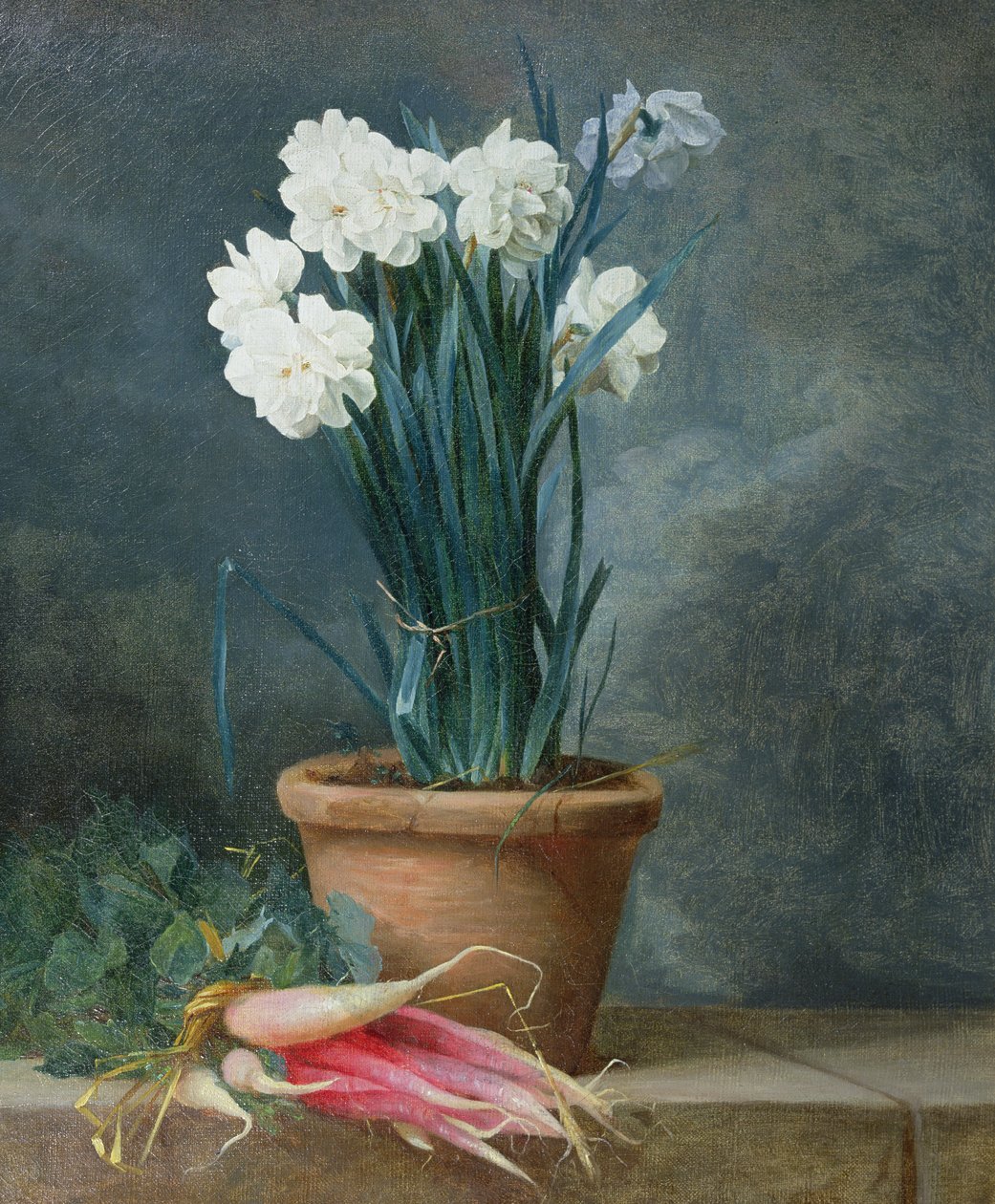 Narcissi csendélete terrakotta edényben alkotó: Guillaume Thomas Raphael Taraval