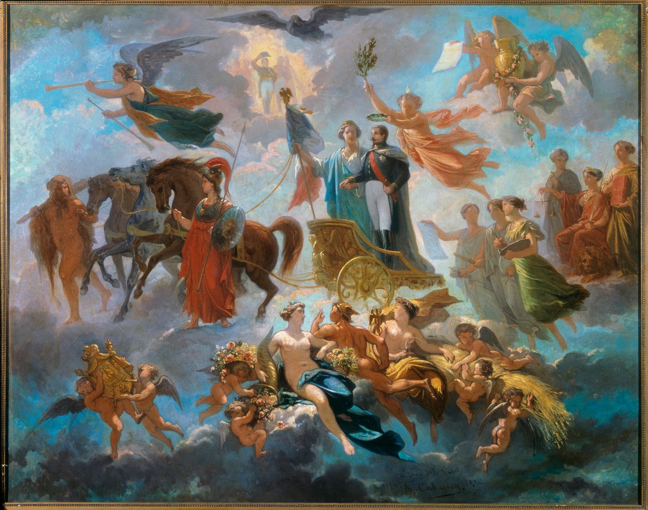 III. Napóleon apoteózisa (1808-1873) A császárkorona diadalának allegorikus ábrázolása, szekéren, Athéné, Herkules, Hermész mitológiai szereplői között. Alphonse Cabasson (1814-1884) festménye 1854 V. 0,65 X 0,81 m Compiegne alkotó: Guillaume Alphonse Harang Cabasson