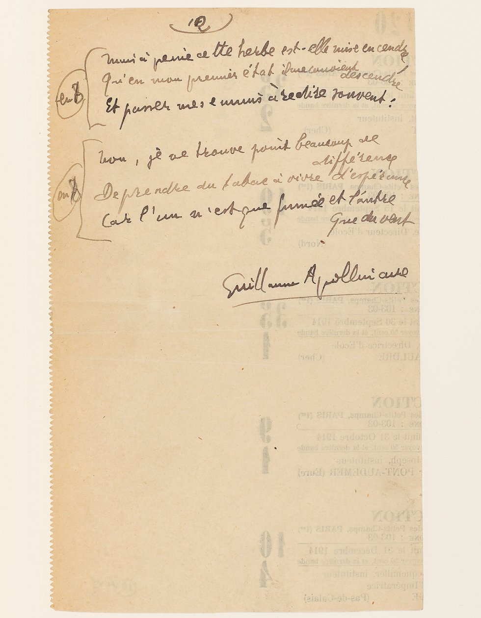 "Anekdotikus élet. "Nemzetek Szövetségének himnusza". Dohány.", 1918. augusztus 15. alkotó: Guillaume Apollinaire
