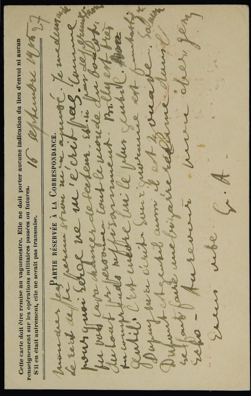 Jean Mollet autográf képeslap, 1915. szeptember 16-án alkotó: Guillaume Apollinaire