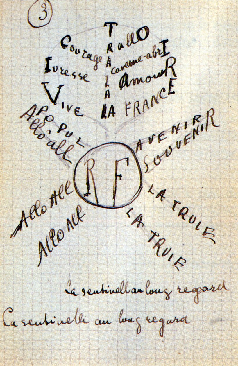 Guillaume Apollinaire kalligramja - „Pamut a fülben” felirattal, 17 levélből álló autogram kézirat alkotó: Guillaume Apollinaire