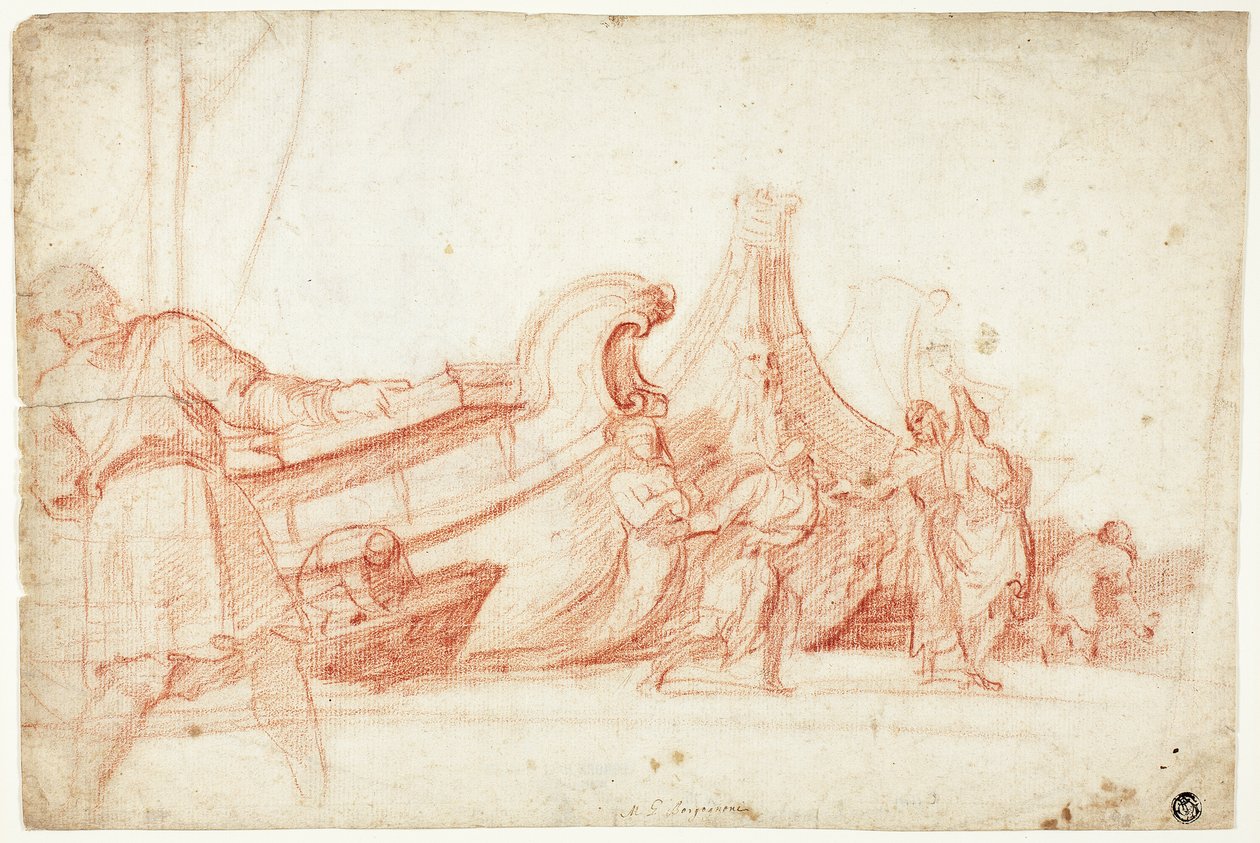 Kikötői jelenet (recto); Két vázlat férfi alakokról (verso) alkotó: Guillaume Courtois