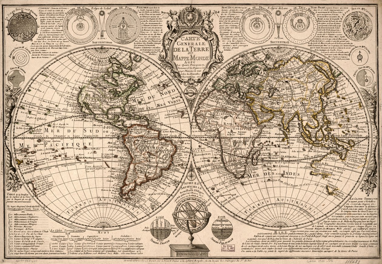 Carte generale de la terre - ou mappe monde auec les quatre principau  sistemes  les figures des sept planetes le tout selon les nouvelles obseruations. LOC 2017585685 alkotó: Guillaume Danet