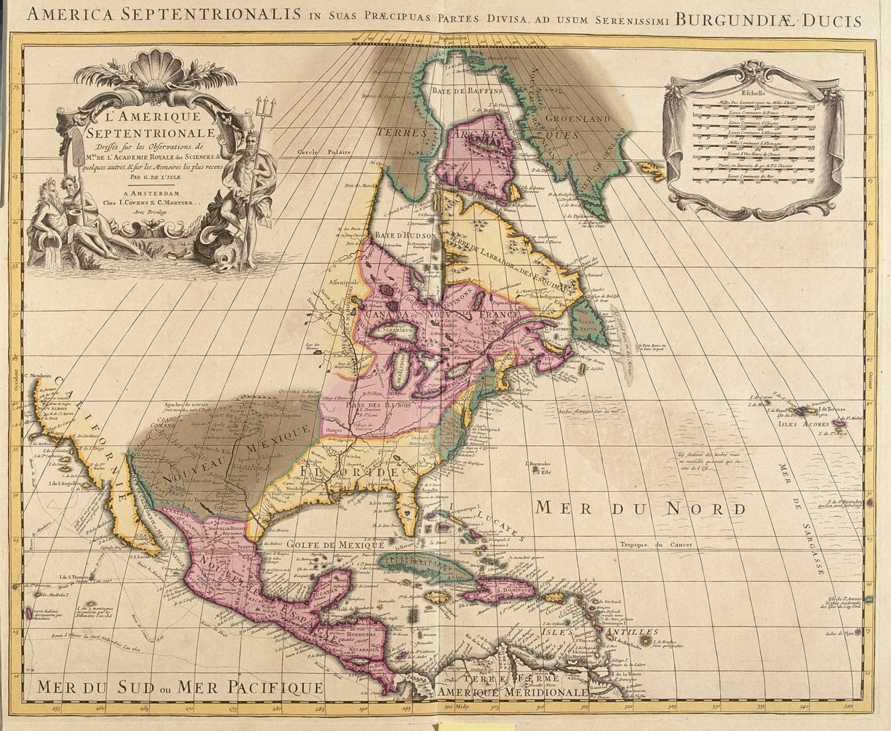 Kanada keleti része, Egyesült Államok keleti része, Mexikó, Guatemala, El Salvador, Belize, Honduras, Nicaragua, Costa Rica, Panama, Antigua és Barbuda, Bahamák, Barbados, Kuba, Dominika, Jamaica, Grenada, Haiti, Dominikai Köztársaság, Saint Kitts és Nevis alkotó: Guillaume Delisle
