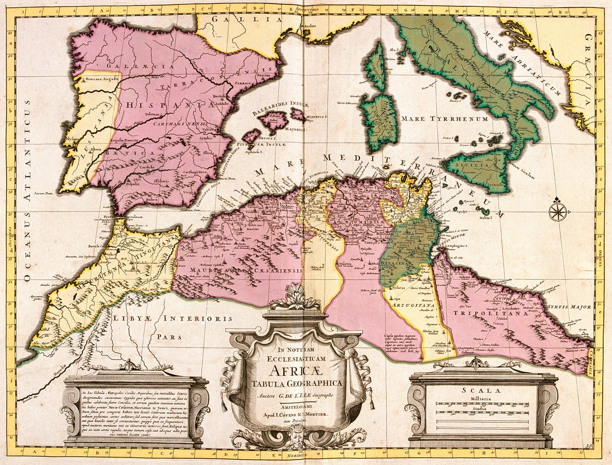 Észak-Afrika (Mauritánia, Marokkó, Algéria, Tunézia, Líbia) és Európa (Spanyolország, Portugália, Franciaország, Olaszország, Görögország a Baleár-szigetekkel, Szardínia, Korzika és Szicília) térképe (rézkarc alkotó: Guillaume Delisle