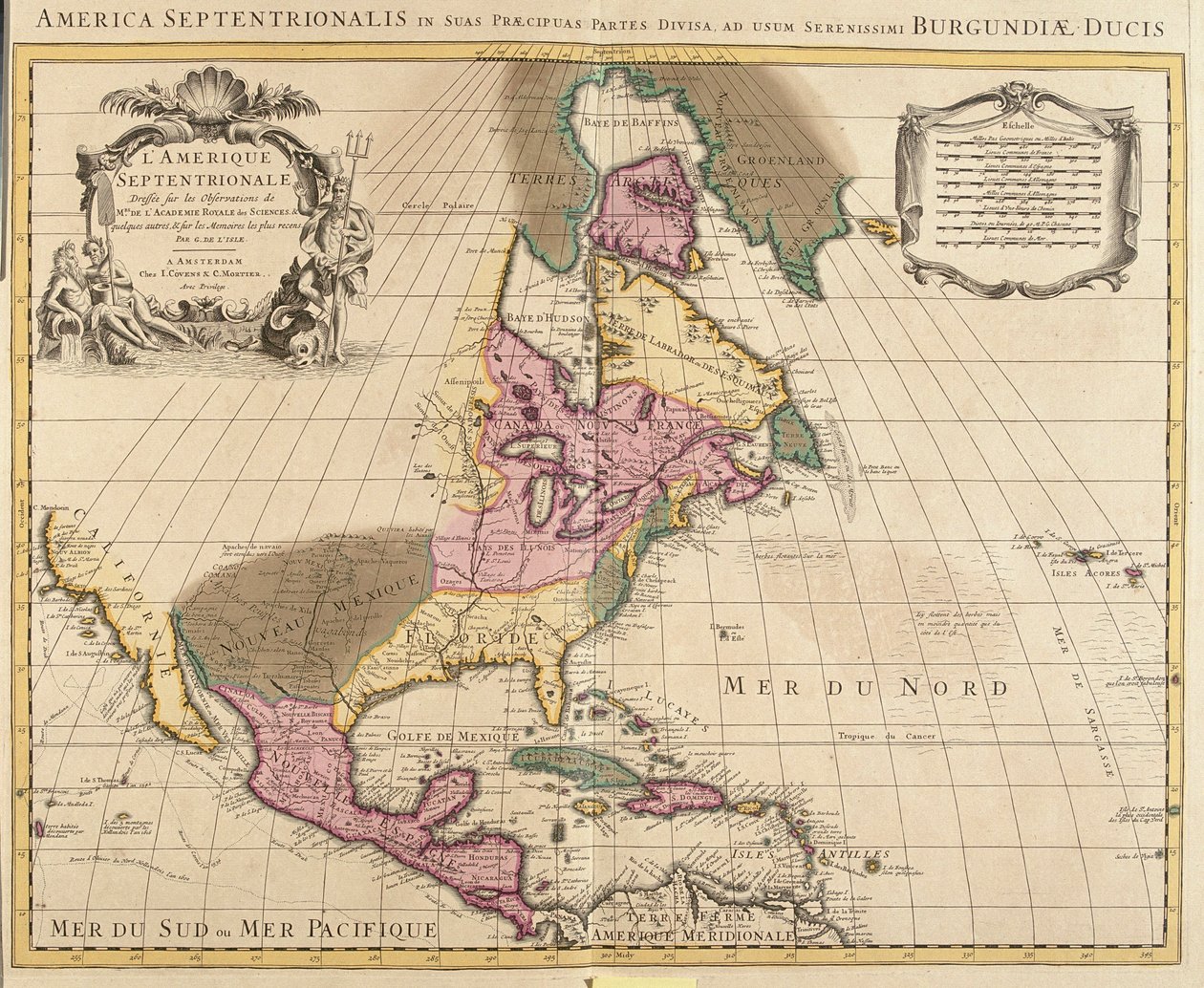 Észak-Amerika térképe (Grönland, Kanada, USA, Mexikó és a Karib-szigetek: Kuba, Haiti, Jamaica, Nyugat-India) (rézkarc alkotó: Guillaume Delisle