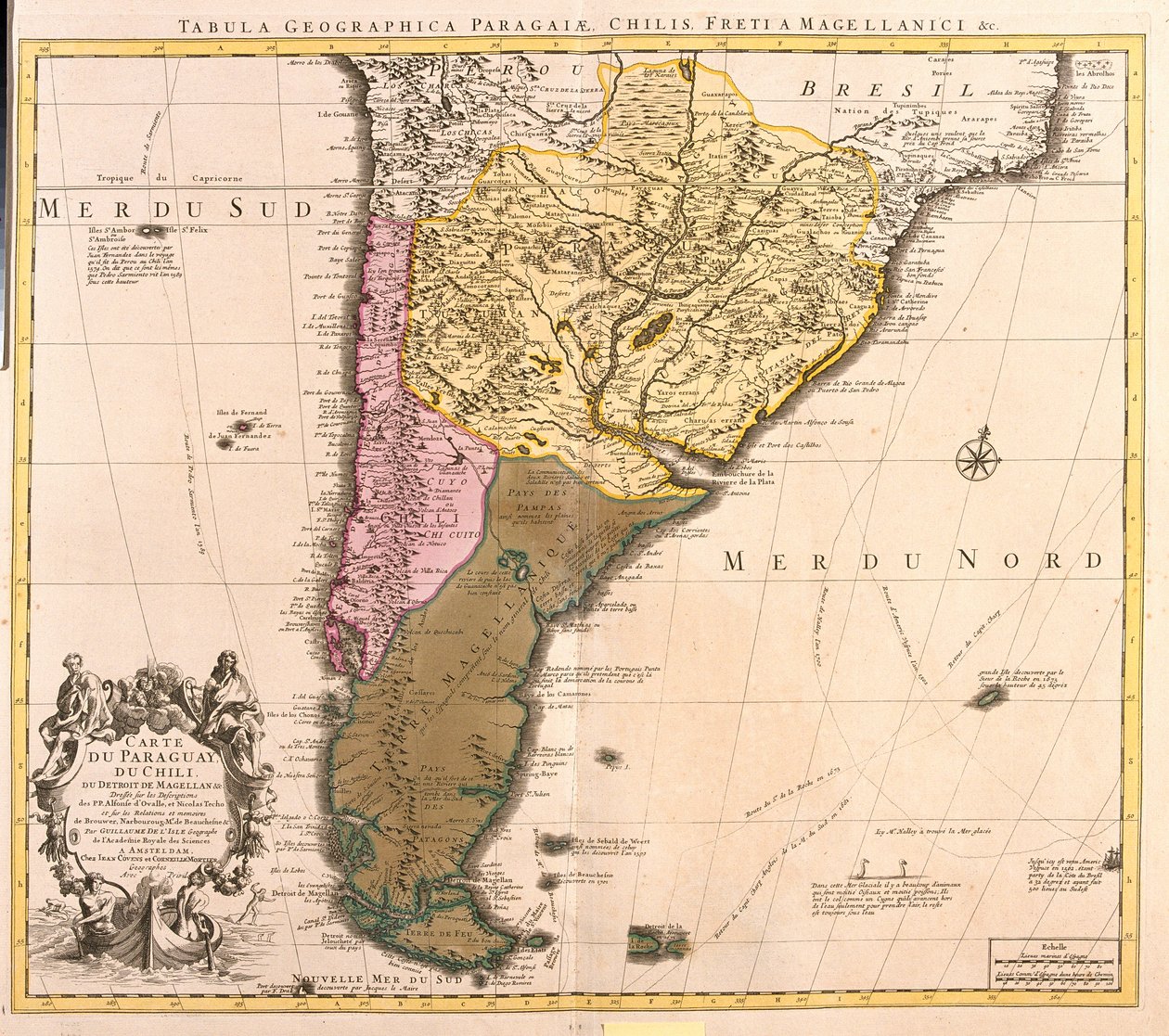 Paraguay, Chile és Magellán-föld (Argentína) térképe (rézkarc alkotó: Guillaume Delisle