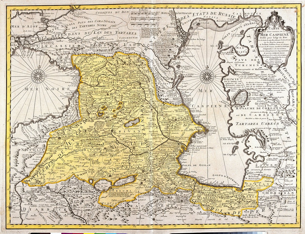 A Kaszpi-tenger szomszédos országainak térképe (Oroszország, Örményország, Perzsia, Kazahsztán, Türkmenisztán) (rézkarc alkotó: Guillaume Delisle