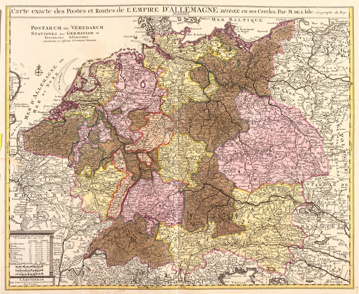 Németország út- és postatérképe (rézkarc alkotó: Guillaume Delisle