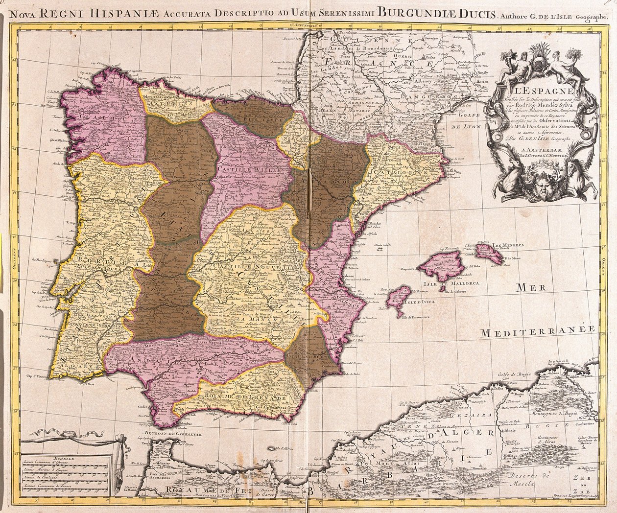 Az Ibériai-félsziget, a Portugál Királyság és a Spanyol Királyság térképe (rézkarc alkotó: Guillaume Delisle