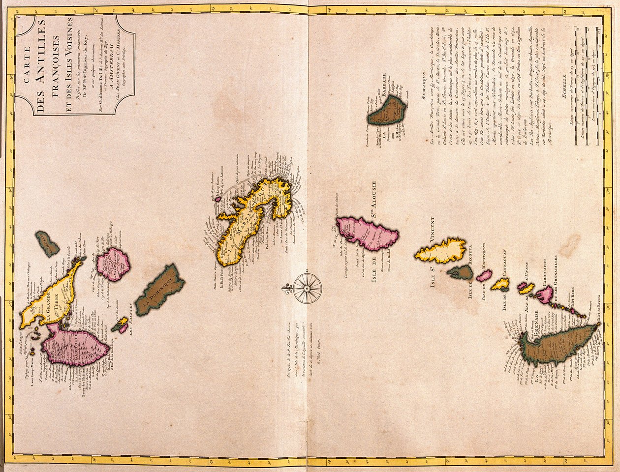 A Karib-szigetek térképei (Guadeloupe, Marie Galante, Dominika, Martinique, Saint Lucia, Saint Vincent, Barbados, Grenadine-szigetek és Grenada) (rézkarc alkotó: Guillaume Delisle