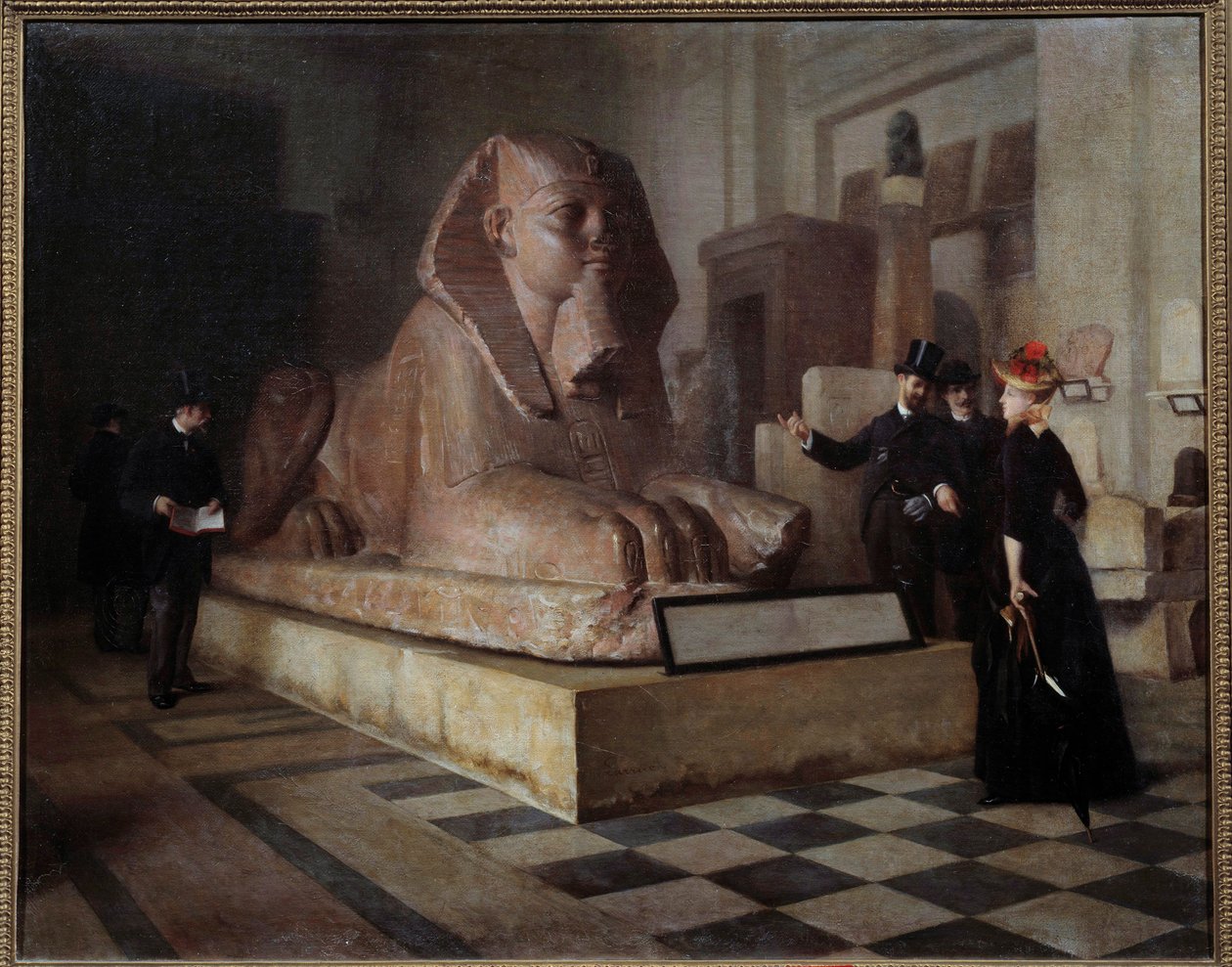 A Louvre látogatóinak egyiptomi terme a Nagy Szfinx előtt. Guillaume Larrue (1851-1935) festménye alkotó: Guillaume Larrue