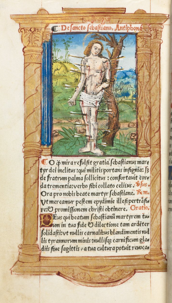 Nyomtatott Órakönyv (római használat): fol. 102v, Szent Sebestyén alkotó: Guillaume Le Rouge
