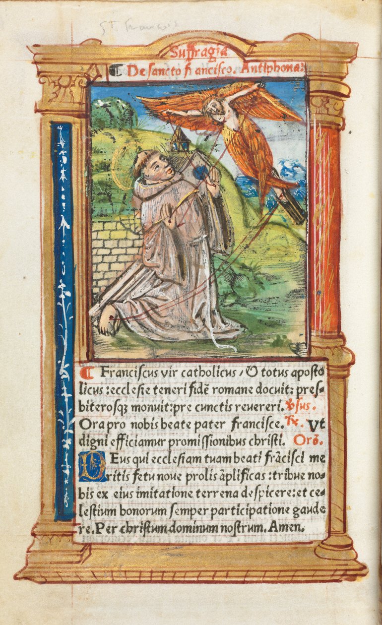 Nyomtatott Órakönyv (római használatban): fol. 106v, Assisi Szent Ferenc alkotó: Guillaume Le Rouge