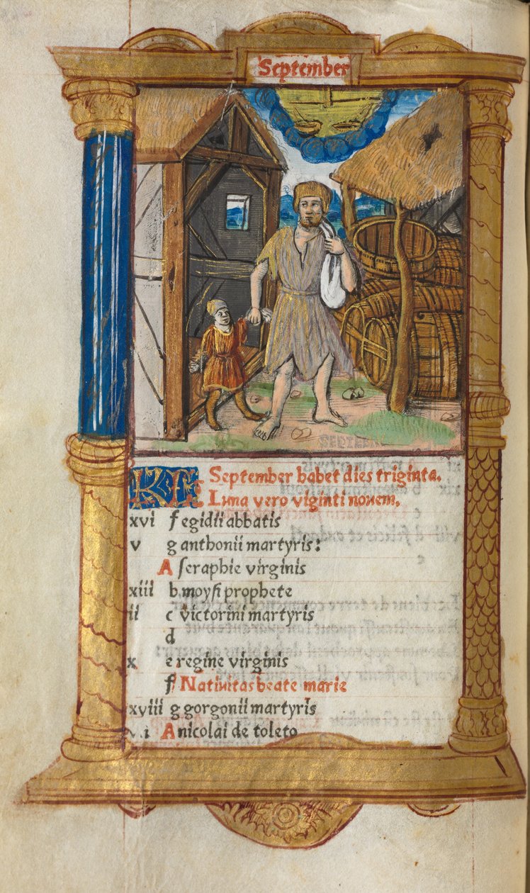 Nyomtatott Órakönyv (római használat): fol. 10v, szeptemberi naptárillusztráció. alkotó: Guillaume Le Rouge