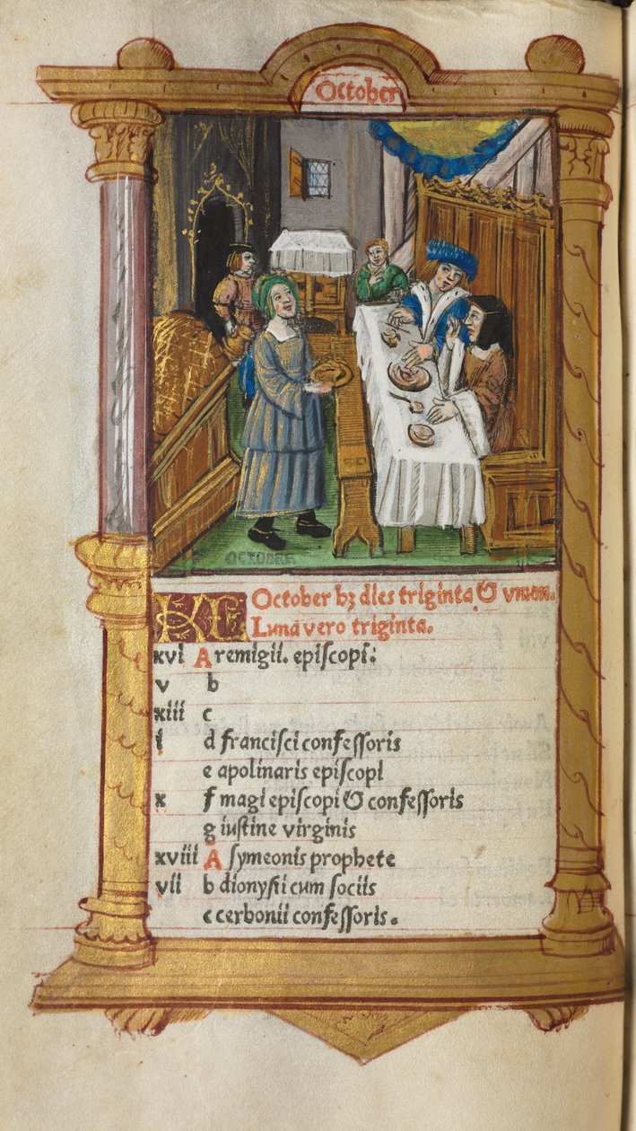 Nyomtatott Órakönyv (római használat): fol. 11v, októberi naptárlap alkotó: Guillaume Le Rouge