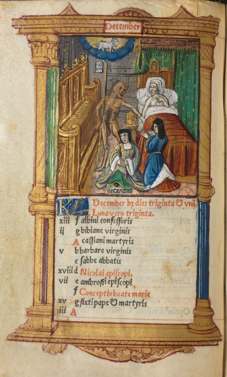 Nyomtatott Órakönyv (római használat): fol. 13v, decemberi naptároldal alkotó: Guillaume Le Rouge
