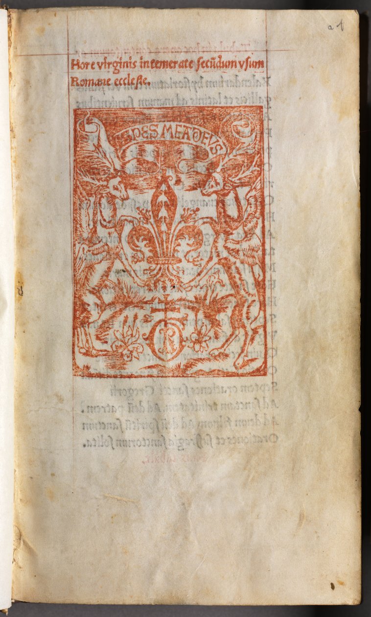 Nyomtatott Órakönyv (római használat): fol. 1r, nyomdai jel alkotó: Guillaume Le Rouge
