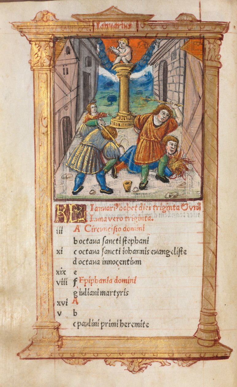 Nyomtatott Órakönyv (római használat): fol. 2v, januári naptárillusztráció alkotó: Guillaume Le Rouge