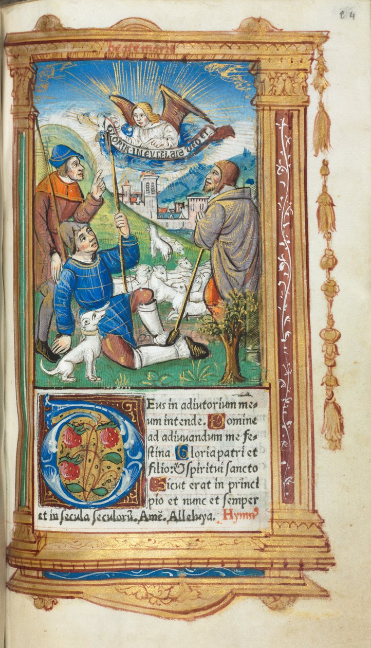 Nyomtatott Órakönyv (római használat): fol. 36r, A pásztoroknak szóló hirdetés. alkotó: Guillaume Le Rouge