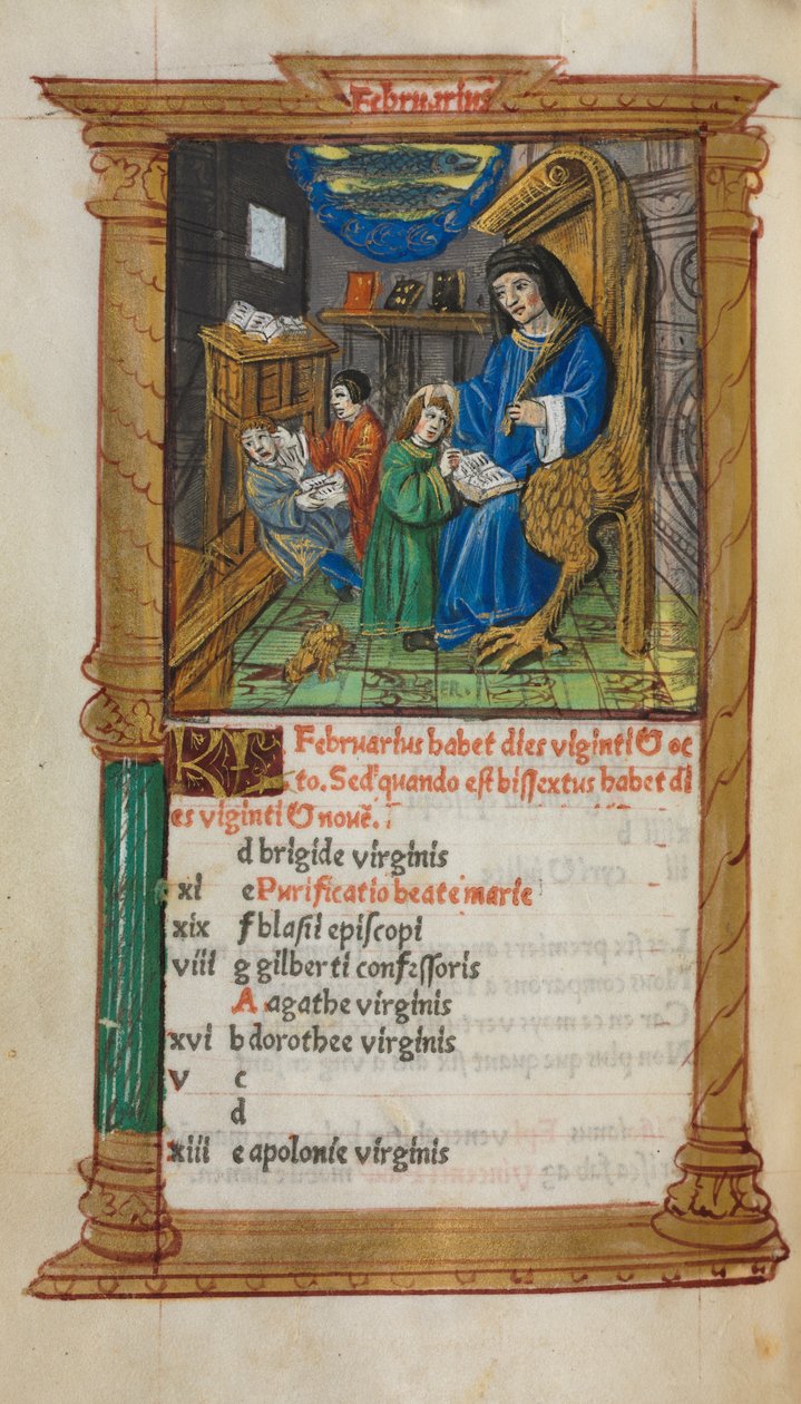 Nyomtatott Órakönyv (római használat): fol. 3v, februári naptárillusztráció alkotó: Guillaume Le Rouge