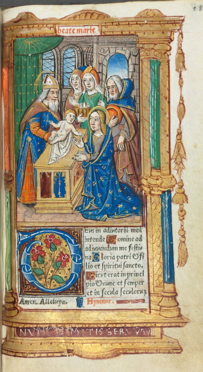 Nyomtatott Órakönyv (római használat): fol. 40r, Bemutatás a templomban. alkotó: Guillaume Le Rouge