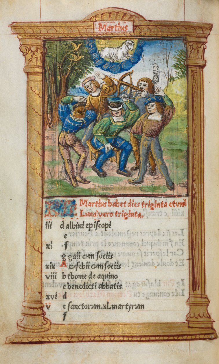Nyomtatott Órakönyv (római használat): fol. 4v, márciusi naptárillusztráció alkotó: Guillaume Le Rouge