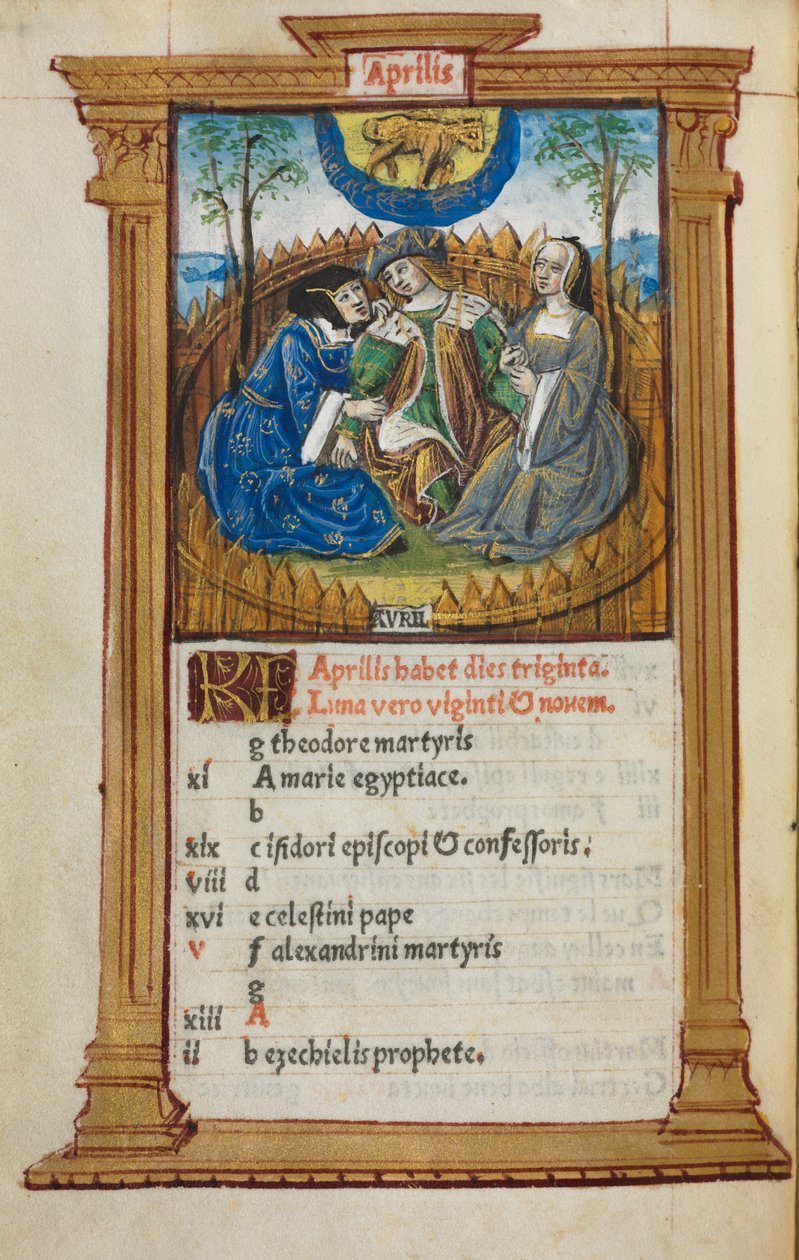 Nyomtatott Órakönyv (római használat): fol. 5v, áprilisi naptárillusztráció alkotó: Guillaume Le Rouge