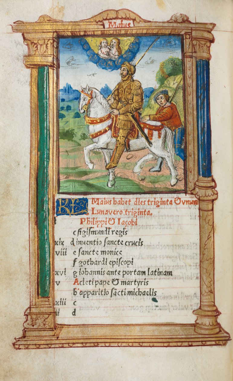 Nyomtatott Órakönyv (római használat): fol. 6v, májusi naptárillusztráció alkotó: Guillaume Le Rouge