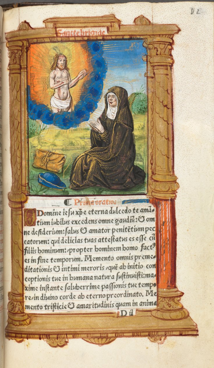 Nyomtatott Órakönyv (római használat): fol. 90r, Szent Brigitta imádkozik Krisztus megjelenése előtt. alkotó: Guillaume Le Rouge