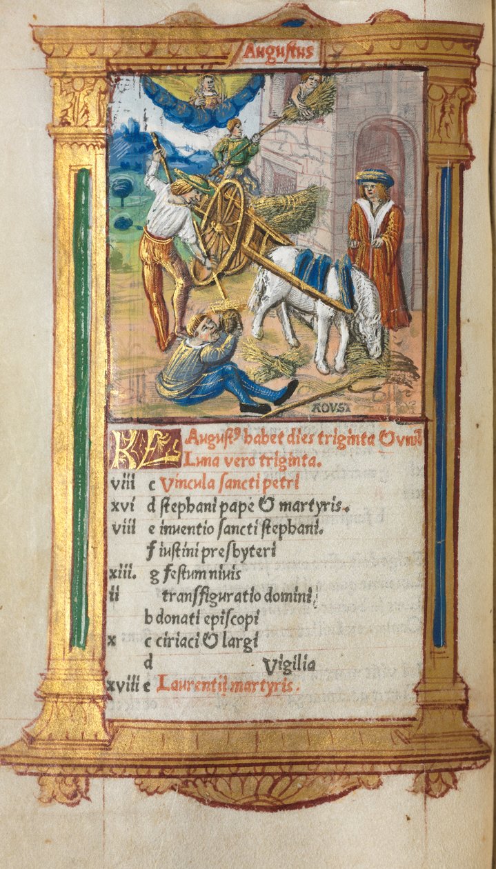 Nyomtatott Órakönyv (római használat): fol. 9v, augusztusi naptárillusztráció. alkotó: Guillaume Le Rouge