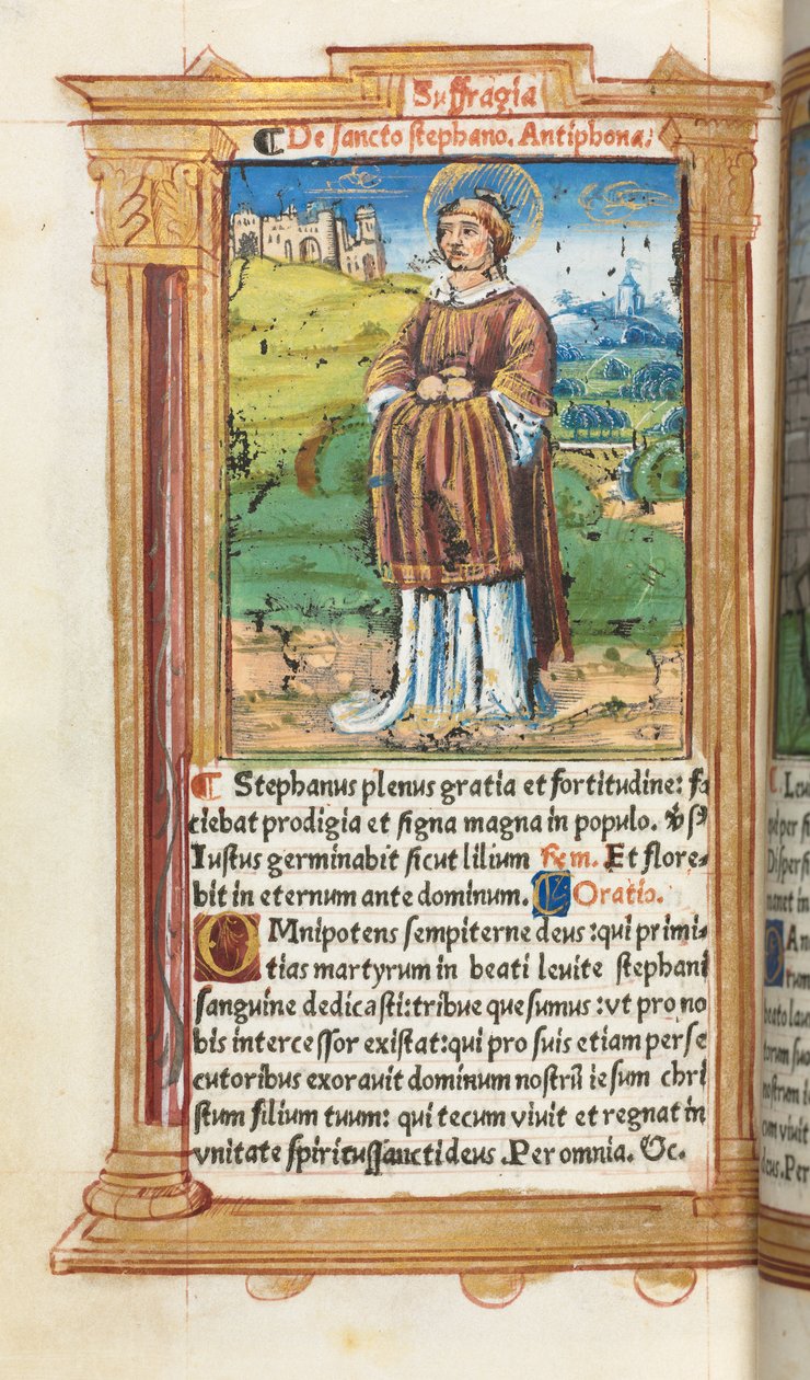 Nyomtatott órakönyv Róma használata: fol. 100v, Szent István, 1510. alkotó: Guillaume Le Rouge