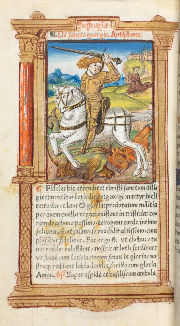 Nyomtatott órakönyv Róma használata: fol. 103v, St. George Slaying the Dragon, 1510. alkotó: Guillaume Le Rouge