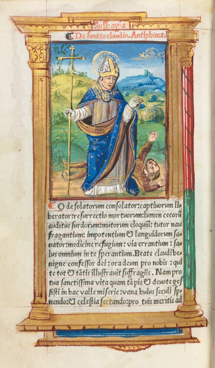 Nyomtatott órakönyv Róma használata: fol. 105v, St. Claude mint püspök, 1510. alkotó: Guillaume Le Rouge