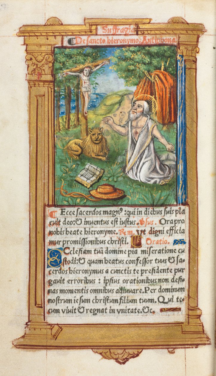 Nyomtatott órakönyv Róma használata: fol. 107v, Szent Jeromos és az oroszlán, 1510. alkotó: Guillaume Le Rouge