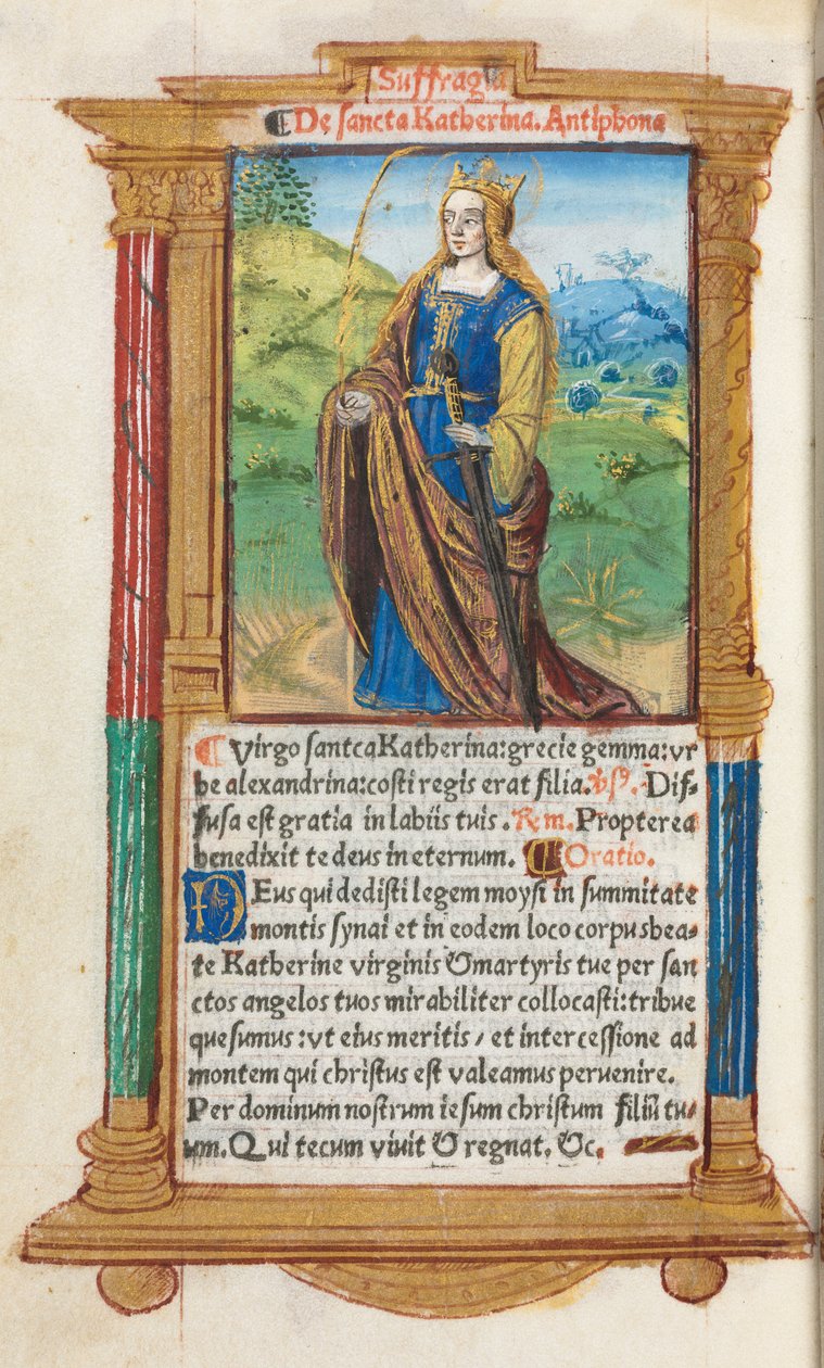 Nyomtatott órakönyv Róma használata: fol. 109v, Szent Katalin, 1510. alkotó: Guillaume Le Rouge