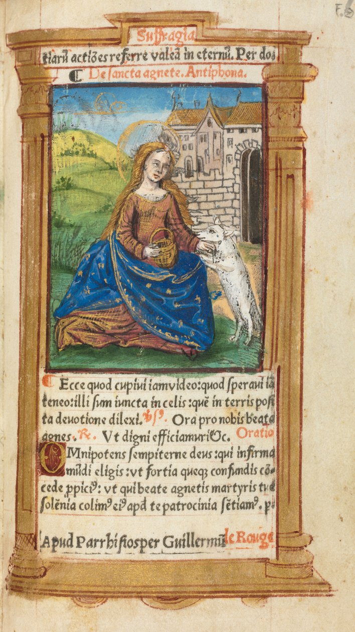 Nyomtatott órakönyv Róma használata: fol. 112r, Szent Ágnes, 1510. alkotó: Guillaume Le Rouge