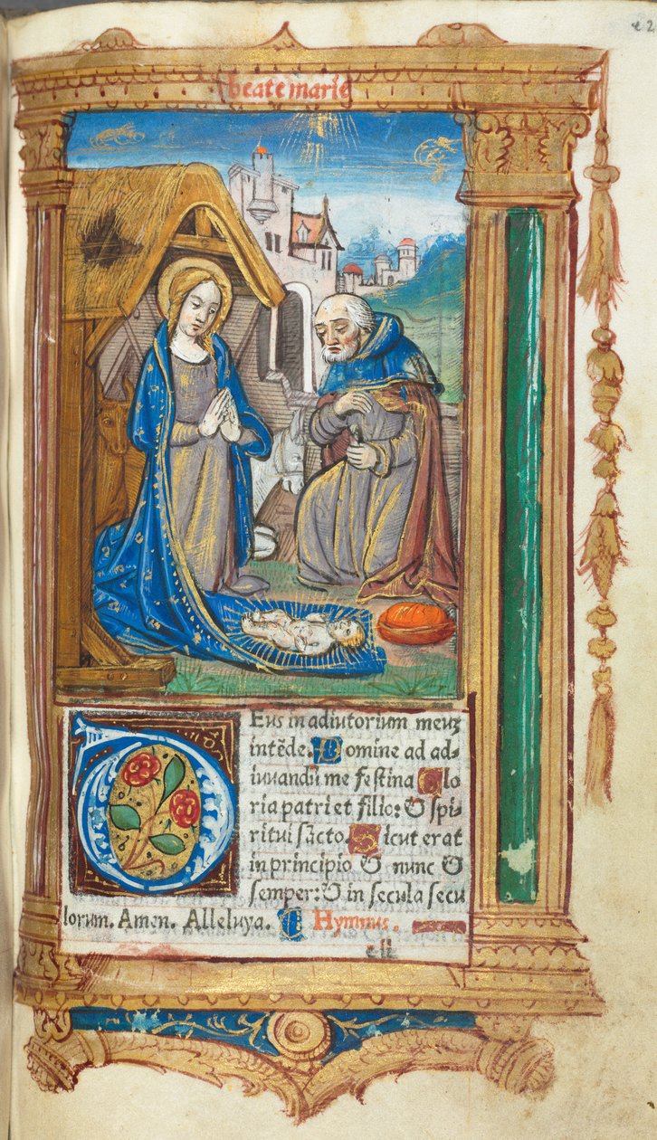 Nyomtatott órakönyv Róma használata: fol. 34r, Születés, 1510. alkotó: Guillaume Le Rouge
