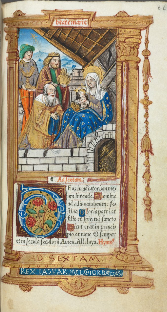 Nyomtatott órakönyv Róma használata: fol. 38r, Mágusok imádása, 1510. alkotó: Guillaume Le Rouge