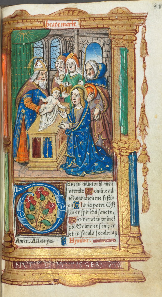 Nyomtatott órakönyv Róma használata: fol. 40r, Bemutató a templomban, 1510. alkotó: Guillaume Le Rouge