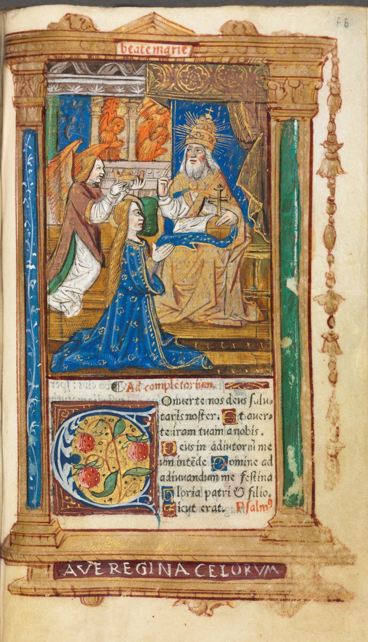 Nyomtatott órakönyv Róma használata: fol. 45r, Szűz koronázása, 1510. alkotó: Guillaume Le Rouge