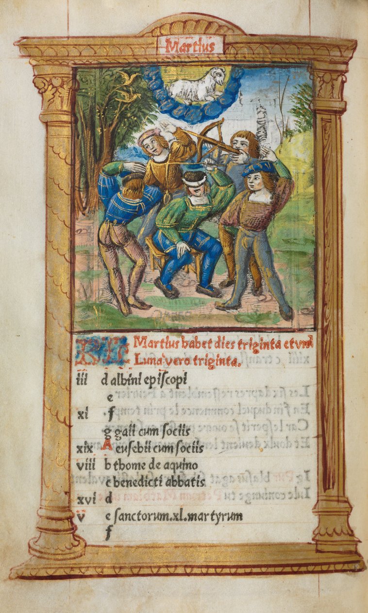 Nyomtatott órakönyv Róma használata: fol. 4v, márciusi naptári illusztráció, 1510. alkotó: Guillaume Le Rouge