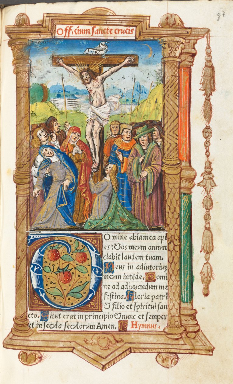 Nyomtatott órakönyv Róma használata: fol. 55r, A keresztre feszítés, 1510. alkotó: Guillaume Le Rouge