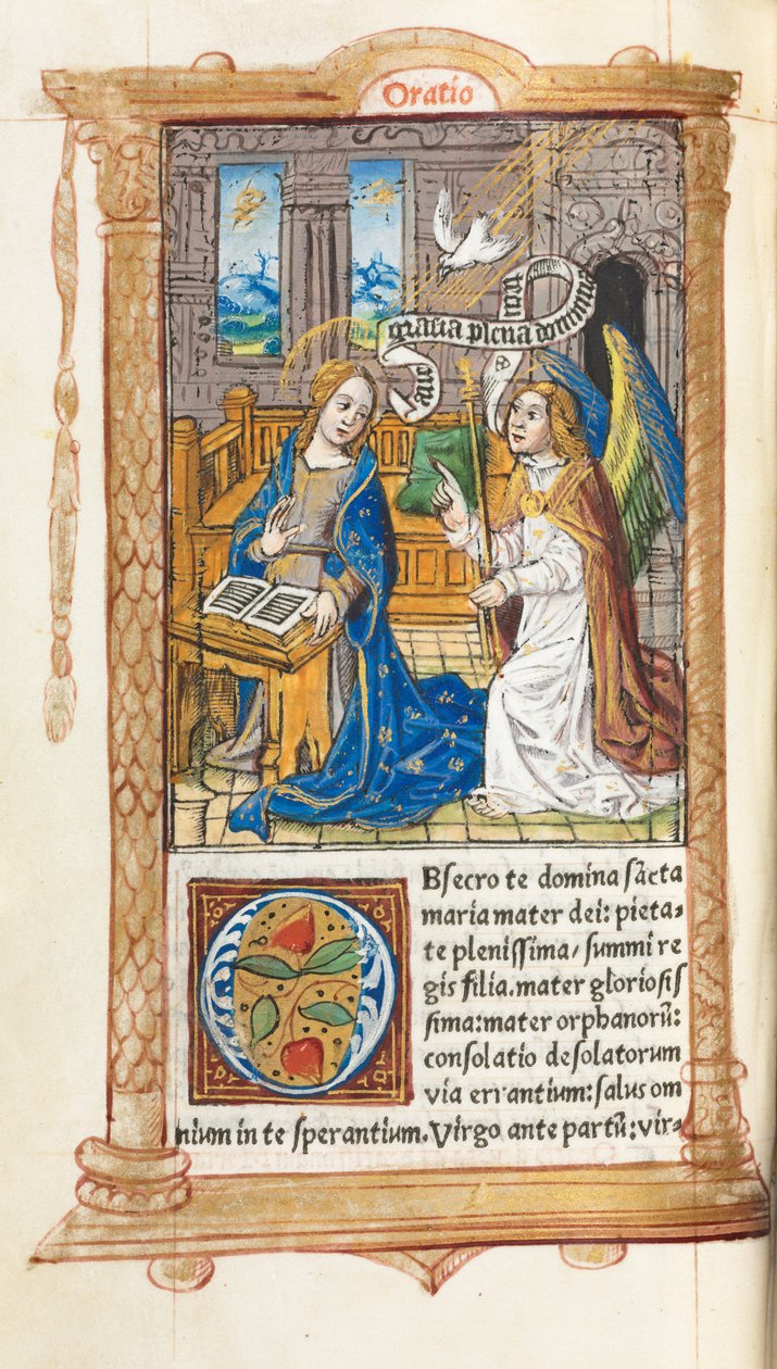 Nyomtatott órakönyv Róma használata: fol. 60v, Angyali üdvözlet, 1510. alkotó: Guillaume Le Rouge