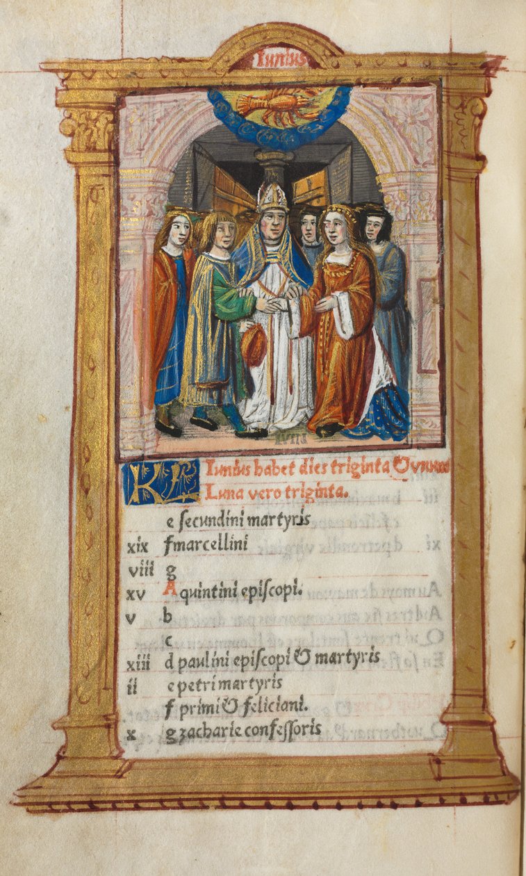 Nyomtatott órakönyv Róma használata: fol. 7v, júniusi naptári illusztráció, 1510. alkotó: Guillaume Le Rouge